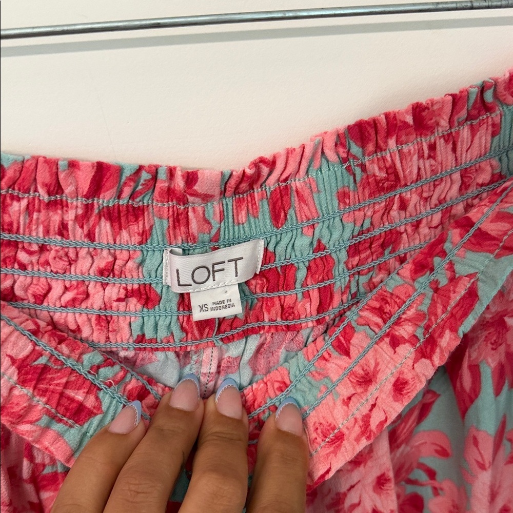 LOFT Aqua and Pink Floral Smocked Waist Skirt/Shorts - Picture 2 of 3